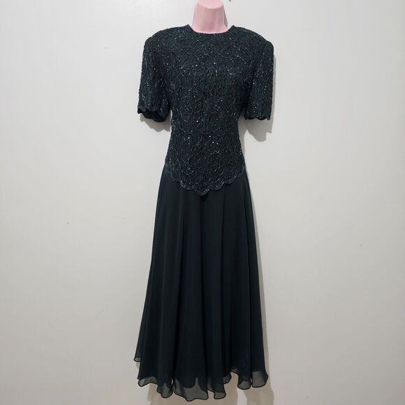 Vintage - Brilliante By J.A. - Dress Beaded Long Formal Evening - Size L - Green - Picture 1 of 9